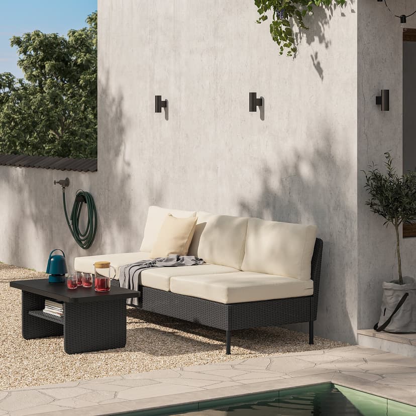 VITTSKÄR — Sofa 3-osobowa, na zewnątrz rattan z tworzywa sztu. ciemnoszary/Frösön/Duvholmen beżowy,