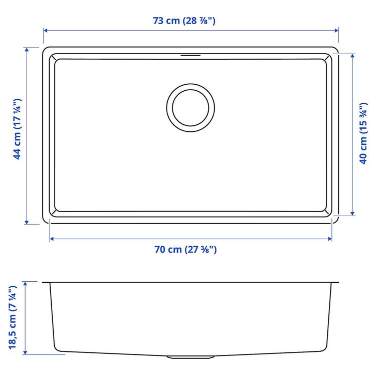 одинарная врезная мойка, нержавеющ сталь, 73x44 см dimensions